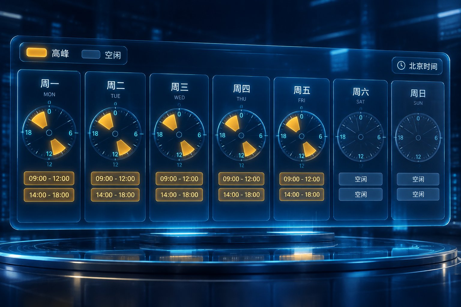 工作日高峰时段与周末全天空闲的计费时钟