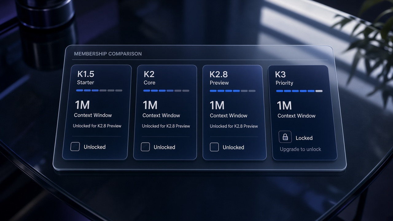 全部会员档位开放K2.8 Preview的1M上下文，K3的1M仍受档位限制