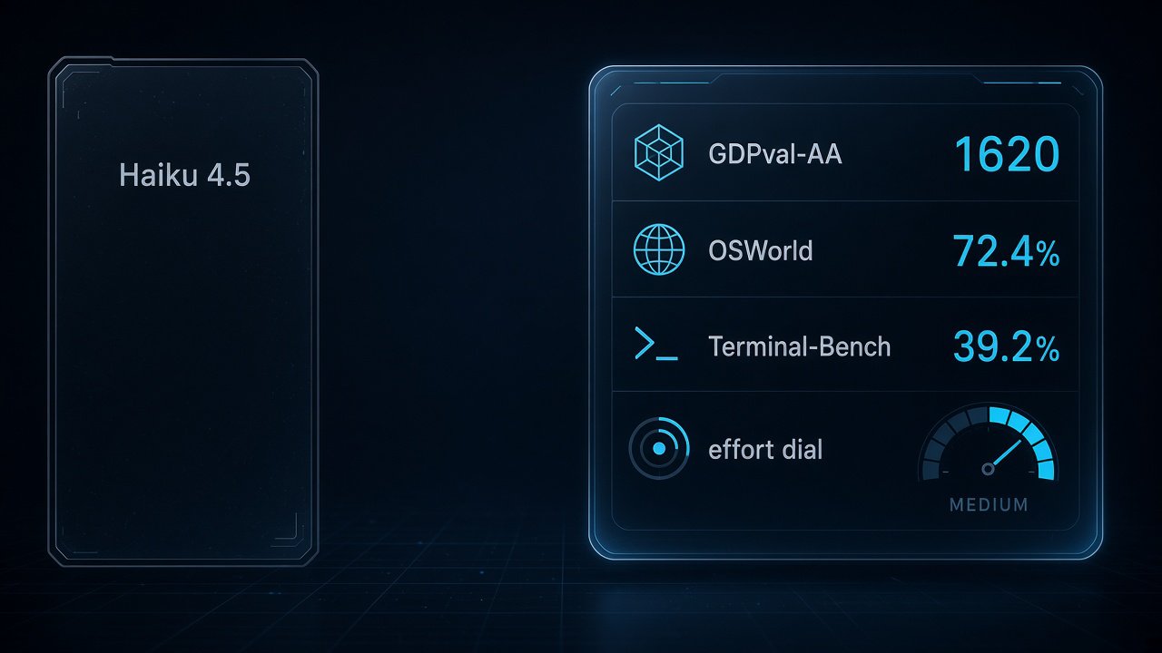 Haiku 5.5 的 GDPval、OSWorld 与 Terminal-Bench 对照，effort 默认 medium