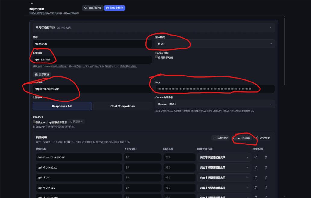 在供应商配置中填写纯 API、Base URL 和密钥